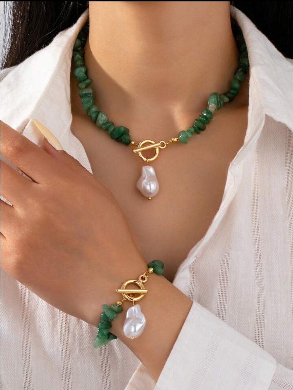 New! Green aventurine chips with Imitation Baroque Pearl Necklace & Bracelet Set